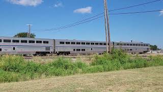 Amtrak Heartland Flyer passes the Marietta, OK depot, southbound, at 11:03am, August 28, 2023.