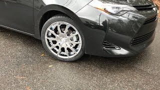 2018 Toyota Corolla sitting on 18” VCT V-54 chrome wheels wrapped around 225/40-18  Lionhart tires.