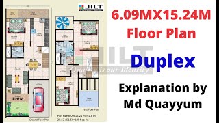 6.09M X 15.24M - Duplex Floor Plan- Best House Plan in Meters- 1054 Sq.Ft.