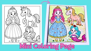 Unicorn, Princess & Mermaid Coloring Page | Mini Coloring Book For Kids | Coloring Fun for Children