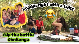 Boodle fight with a twist flip the bottle challenge (mukbang😂)