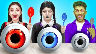 Vampire vs Wednesday vs Zombie Cooking Challenge! Spooky Big and Tiny Food by 123 GO!