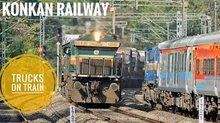 48 Trucks On Train: Unique Konkan Railway RO RO Service with Pune WDG4 Crosses Mandovi Express