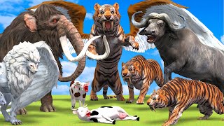 10 Mammoth Elephant cow vs 10 Giant Lion Tiger vs 10 Giant Buffalo Fight Cow Saved by Woolly Mammoth