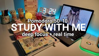 2-HR STUDY WITH ME 🌧️📚 relaxing rain & pomodoro 50/10 ⏱️ timer + alarm, real time