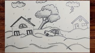 How to draw easy natural disaster flood drawing || easy rainy season draw || flood scenery drawing