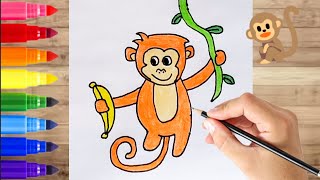 رسم للاطفال / طريقة رسم قرد 🐵 يمسك موزة 🍌 رسم كيوت للاطفال / رسم سهل / تعليم الرسم للاطفال