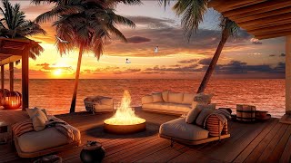 Coastal Night Summer Escape in Comfortable Porch & Fireplace. Gentle Jazz Music and Sea Wave Sounds