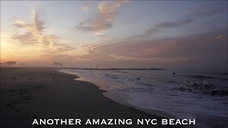 Beautiful pink haze at sunrise with crashing waves on a N.Y.C beach.  Binaural "3D" sound, 4K