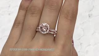 Halo Diamond Morganite Ring Scalloped Band Bridal Set