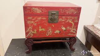 Antique Pair Chineses Red Lacquered Leather Chinoiserie Trunks 19th C