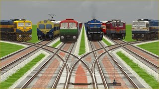 6 INDIAN TRAINS CROSSING ON BUMPY FORKED RAILROAD TRACKS | Train Simulator | Railroad Crossing