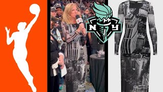 🏀RIGGED WNBA: COMMISSIONER WEARS NEW YORK SKYLINE DRESS FOR TROPHY PRESENTATION #nyliberty