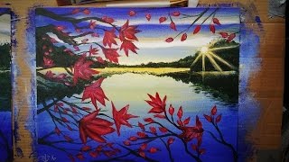 Sunburst Over Water Through Autumn Leaves - LANDSCAPE PAINTING TUTORIAL - Real Time PAINT ALONG