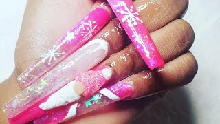 Watch Me Do My Nails! Pink 3xl Christmas 3D Gnome Glitter Nails W/Hand Painted Snowflakes Free Style