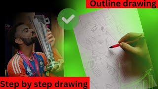 Virat kohli with world cup trophy drawing|| Virat Kohli drawing 😍❤️, outline drawing