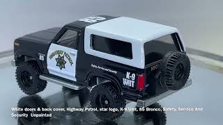 John316diecast 2020 HOT WHEELS CAR CULTURE '85 FORD BRONCO HIGHWAY PATROL K-9 UNIT