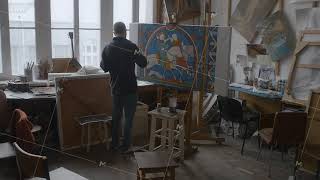 Novosibirsk region, September 20, 2020. The artist is working on a sketch of a stained glass. Art