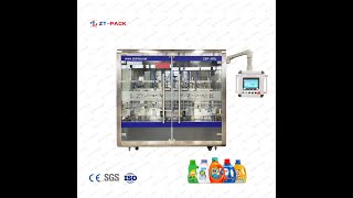 Following track filling machine by 4 heads. Bottle size : 500ml-5000mlSpeed:3000BPH