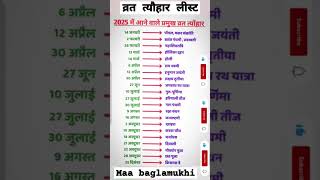 Vrat tyohar list 2025 || Hindu calender 2025 || 2025 Vrat tyohar Suchi || #shorts #short #yt #2025