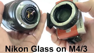 Nikon wide-angle glass connected to Micro Four Thirds using Viltrox speed booster