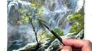 Trees By The Sunshine Waterfall / Easy Acrylic Painting Tutorial For Beginners Step By Step #420-2