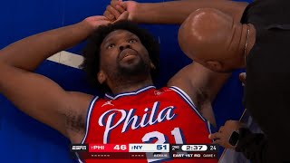 Joel Embiid off the backboard to himself but has a hard time getting up 🙏