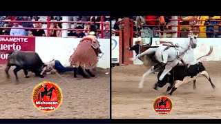 Tres caídas! Una embestida que afortunadamente lazador y caballo están a salvo! Jaripeo de lumbre!!