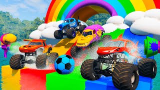 WASH 4 DIRT MONSTER TRUCKS VS GIANT COLOR WATER SLIDE - Monster Trucks Transport with Truck - BeamNG