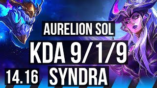 AURELION SOL vs SYNDRA (MID) | 9/1/9, Godlike | NA Master | 14.16