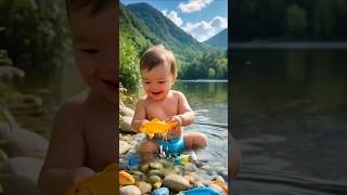 "Lakeside Joy: Baby Playing with Colorful Stones and fishes"#cute #beautiful #baby#fun #shorts