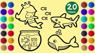 Special 20 Minute Coloring Beautiful Mermaid, Shark, Fish in Aquarium, and Whale Using Colored Sand