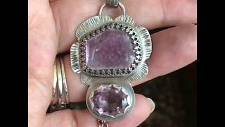 Gemmy Purple Lepidolite and Amethyst Handmade Flower Pendant in 925 Silver