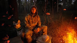 I'm building a house in the forest with my dog. Cooking meat over a fire.