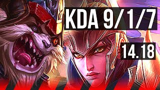 KLED vs QUINN (TOP) | 9/1/7, Legendary, 500+ games | NA Master | 14.18