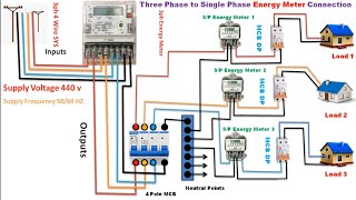 Three phase to Single phase Energy Meter connection/3ph to Single phase  Sub Energy meter connection