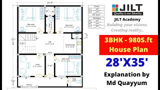 3BHK - 28' X 35' Floor Plan - 980 s.ft - House Construction within 10 Lakhs, Indian House Plan