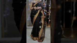 Black cotton saree with black spaghetti top as blouse | How to drape a saree? #sareecollection