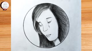 Pencil drawings in circle, crying girl drawing