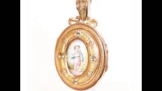 RARE ANTIQUE VICTORIAN HAND PAINTED ENAMEL MUSIC TAMBURINE CHERUB AND PEARL LOCKET CUPID PENDANT