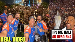 Rohit, Virat and Hardik Pandya celebration with World Cup Trophy during Team India victory parade