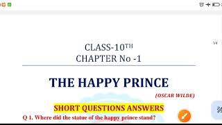 PSEB| CLASS 10th| Happy Prince Chapter no 1 Short Question Answer