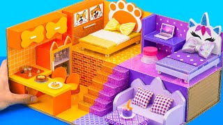 DIY Miniature House #79 With 2 Colors Purple and Yellow in Unicorn vs Puppy Dog Style From Cardboard