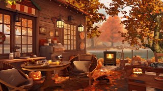 Cozy Porch in Autumn September Ambience with Pumpkins, Falling Leaves, Fireplace and Fall Vibes