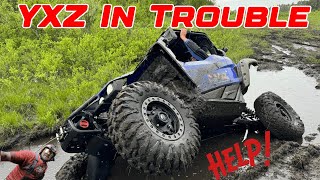 Yamaha YXZ 1000R gets in some muddy trouble, Honda Talon 1000R to the RESCUE #mudhole #winch