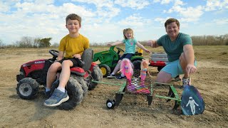 Using kids tractors to dig up hidden toys | Tractors for kids