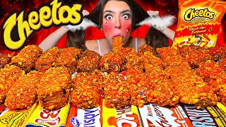 ASMR HOT CHEETOS CHOCOLATE CANDY BARS (HERSHEY'S, KINDER, KIKAT, REESE'S, OREO, MARS) EATING MUKBANG