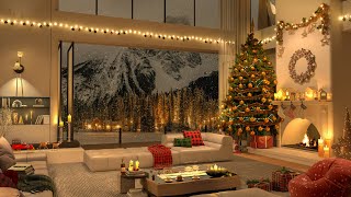 Cozy Christmas Jazz Lounge – 4K Modern Living Room with Fireplace and Snowy Town Views 🎄❄️