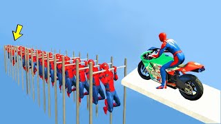 SPIDERMAN and Motorcycles with Pull Bar Superheroes Obstacles Challenge - GTA 5