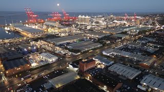 Amazing Early Morning Blue Hour Drone Footage of Bootle Industrial Area and Docks With Bright Lights